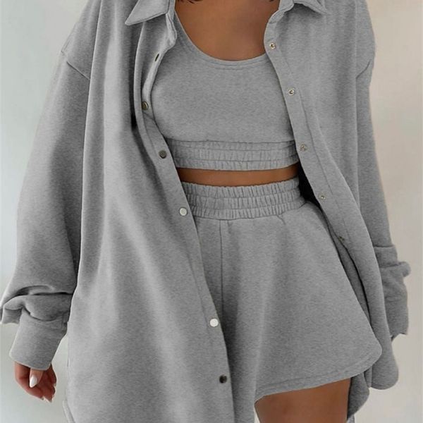 

rockmore tracksuit three piece set women oversize hoodies sweatshirt sweatpants joggers short pant suits femme outfits sweatsuit 220811, Gray