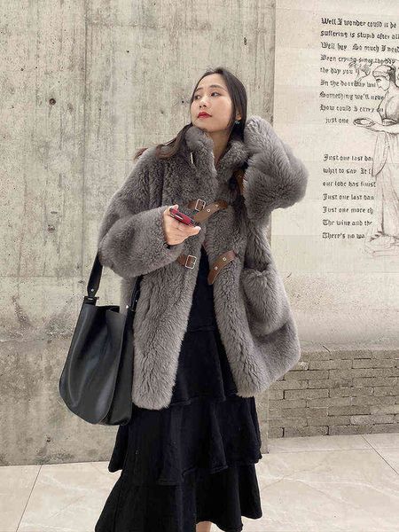 

new winter fake fur and mixed coat lamb sheared integrated cardigan thickened medium long women t220810, Black