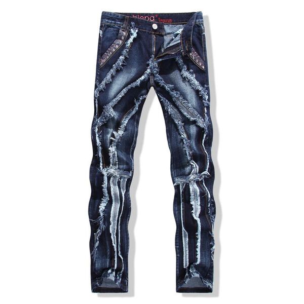 

men's jeans men's male fashion patchwork spliced ripped personality leather rivet slim straight denim pantsmen's, Blue