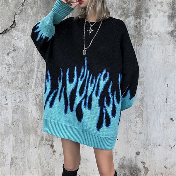

sweater female hiphop style flame jacquard women's sweater traf couple pullover knit loose men's sweater 220811, White;black
