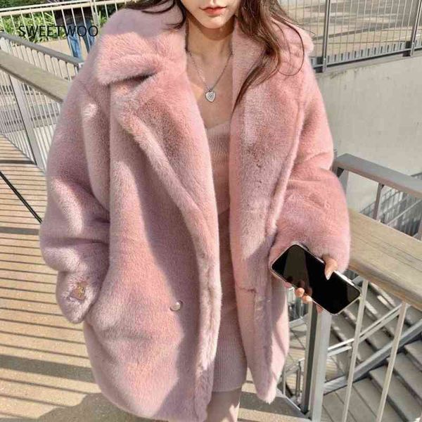 

winter white oversized warm faux fur jacket women shawl collar raglan long sleeve fluffy coat korean fashion clothing slim tide t220810, Black