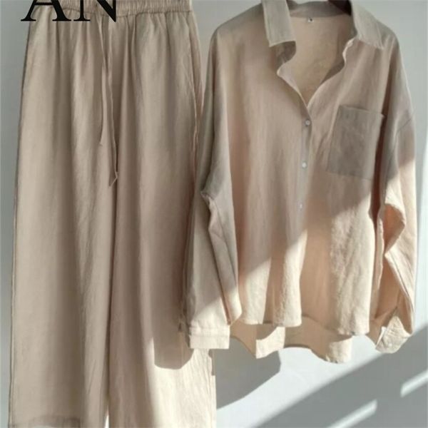 

womens 2piece retro oversize cotton and linen shirt plus high waist slacks suit womens sweatshirt set sweatshirt 220811, White