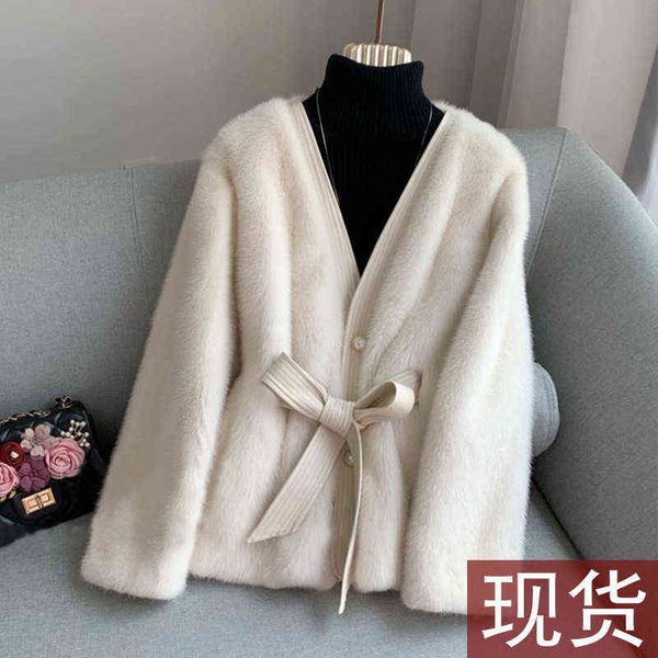 

2020 new fur coat with waistband is fashionable and slim; women's long sleeve white warm autumn and winter with belt t220810, Black