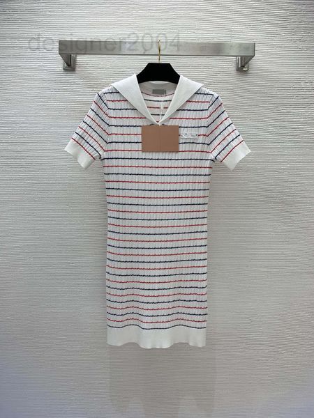 

women's sweaters designer new summer cool tencel fabric navy cape collar color stripe short sleeve knitted dress a6lb, White;black