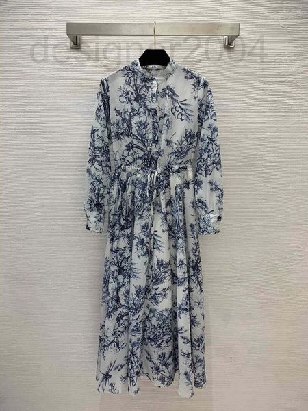 

casual dresses designer early spring new dress french elegant dragonfly ink print buckle placket small stand collar waist drawstring skirt b, Black;gray