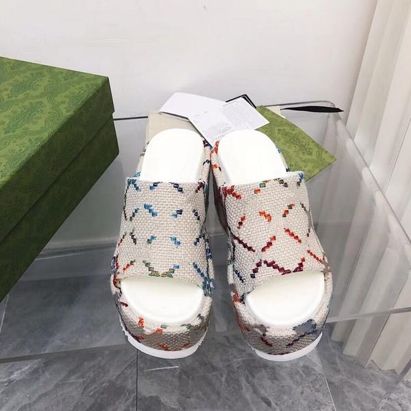 

heel slippers luxury flat thick bottom wedge sandal womens embroidery printed slippers slide flip flops rubber dress shoes platform, Black