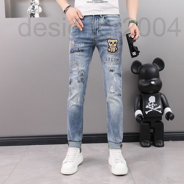 

men's jeans designer men's 2022 summer thin cartoon bear embroidery tide brand slim fit micro elastic small straight pants em6n, Blue