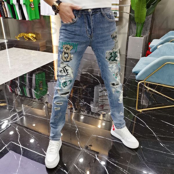 

men's jeans designer 2022 spring printed jeans men's fashion bear youth casual light blue slim leggings qpme