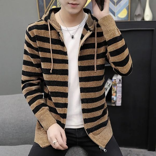 

men knitted cardigan spring autumn zipper hooded sweater jacket long sleeve sueter masculino casual stripe knitwear, White;black