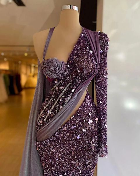 

2022 new fashion purple mermaid evening dresses luxury sequins beads halter long sleeves prom with wrap formal party gowns robe de mariage, Black;red
