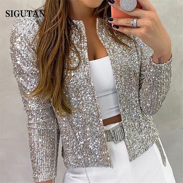 

2023 fashion sequin jackets women glitter long sleeve short coats elegant spring outwear office ladies solid streetwear 220811, Black;brown