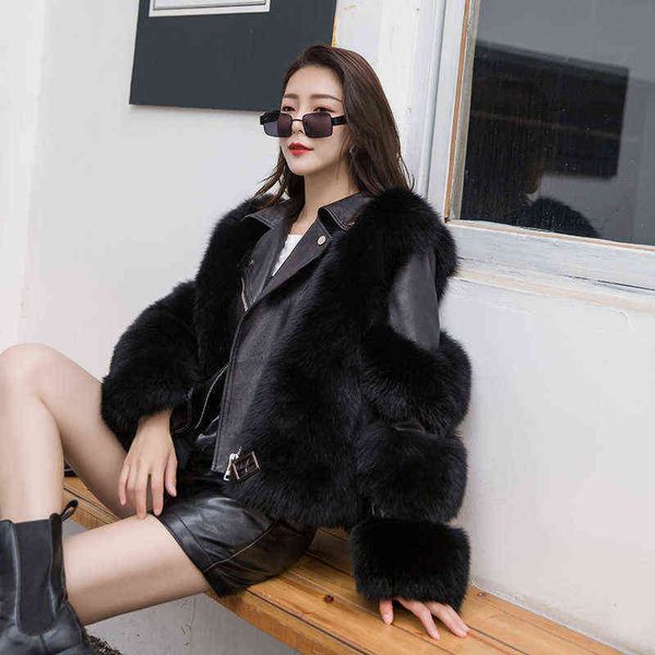 

winter fashion women's real fur jacket with real sheepskin leather full leather natural fur jacket luxury biker jacket t220810, Black