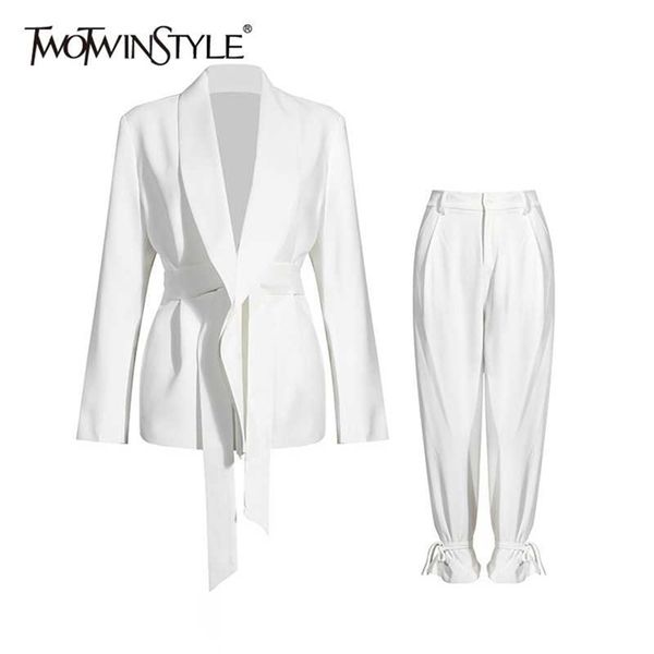 

twotwinstyle solid color korean two piece set women blazer high waist belt laceup straight pants suits female fashion 220811, White