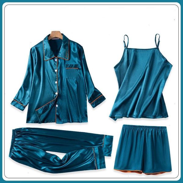 

4 pcs suit satin women sleepwear pajama set pure color summer, Black;red