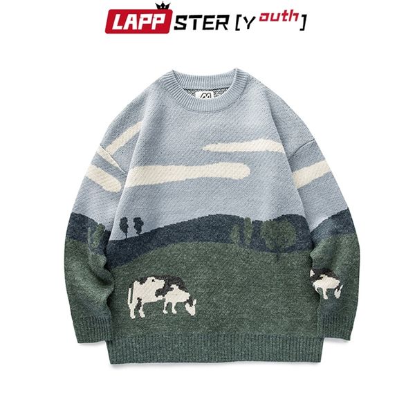 

lappsteryouth men cows vintage winter sweaters pullover mens oneck korean fashions sweater women casual harajuku clothes 220811, White;black
