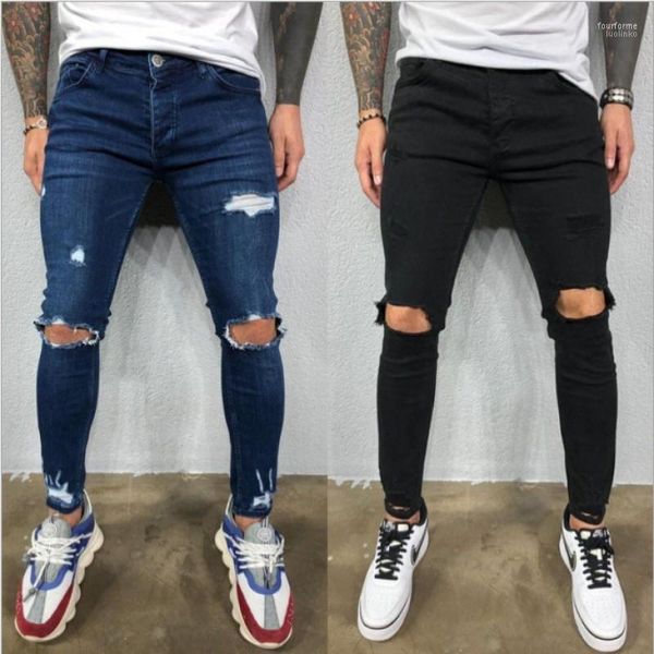 

style ripped pants slim fit stretch men's jeans fashion casual hip hop jeans1, Blue