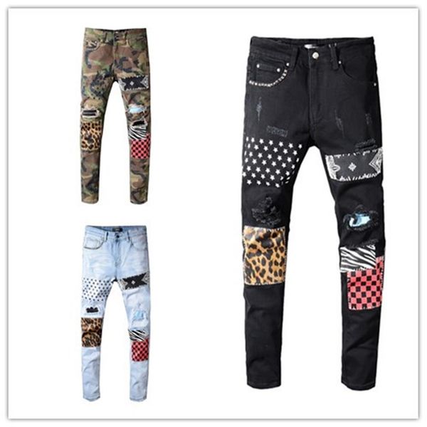 

luxury mens designer jeans camouflage ripped skinny jeans pants leopard patchwork designer pants rivet motorcycle jeans us size 29294z, Blue