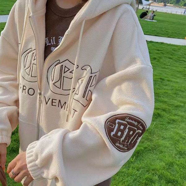 

polar fleece hoodies casual embroidery clothes sweatshirts vintage pink retro winter women hoodie 220811, Black