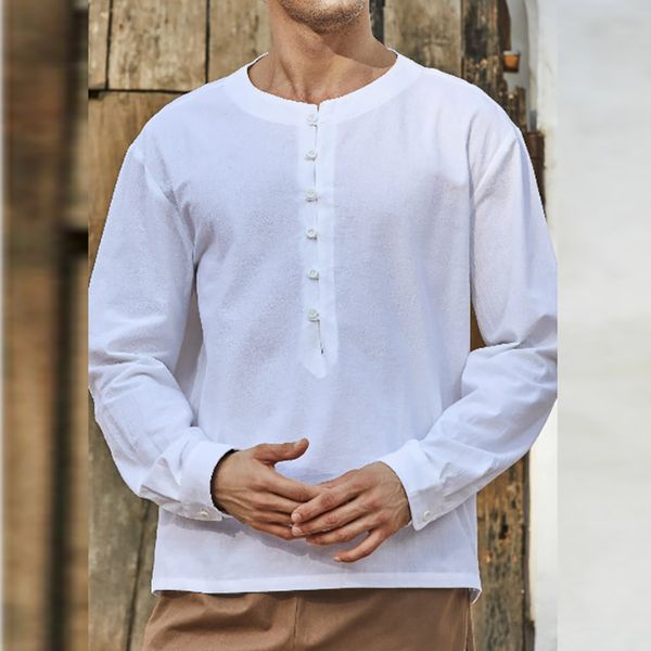 

vintage button-up crew neck solid men autumn long sleeve t-shirts casual loose pullover mens fashion streetwear, White;black