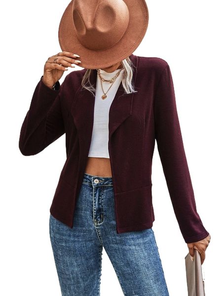 

solid waterfall collar open front coat g8u3#, Black