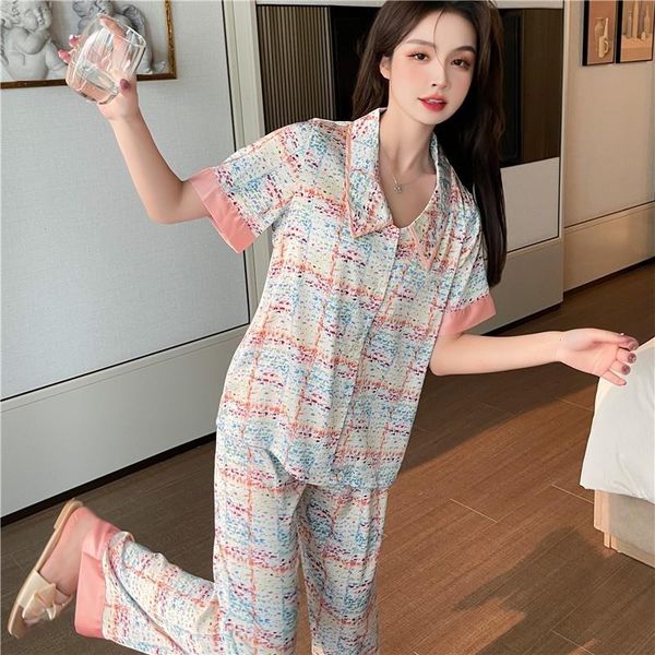 

summer womens ice silk short sleepwear sleeved suit pajamas button cardigan pajama sweet thousand bird lattice, Black;red