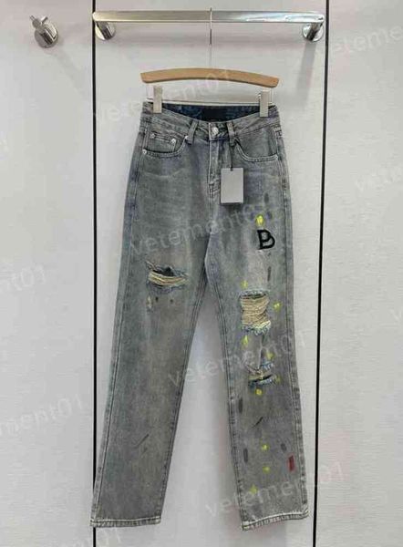 

designer womens retro hole jeans ba..ci brand letter logo print jeans vintage ripped mid-rise straight painted trousers luxury women pants d, Blue