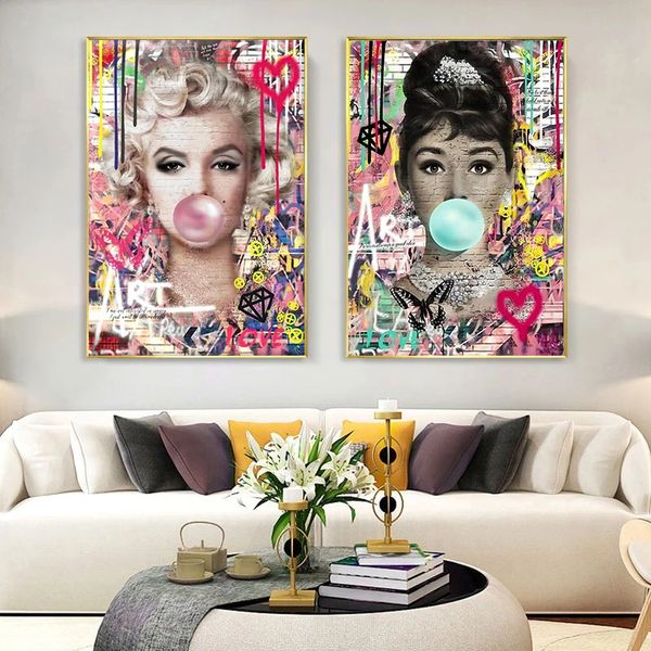 

graffiti monroe blow bubble wall poster portrait canvas painting wall art prints cuadros pictures for living room home decor