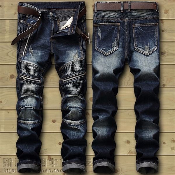 

drop fashion biker jeans men's distressed stretch ripped hip hop slim fit holes punk denim cotton pants 220811, Blue