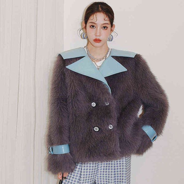 

fashion thick warm fur coat of women 2022 winter new light luxury grayish purple splicing outwear elegant fake fur female jacket t220810, Black