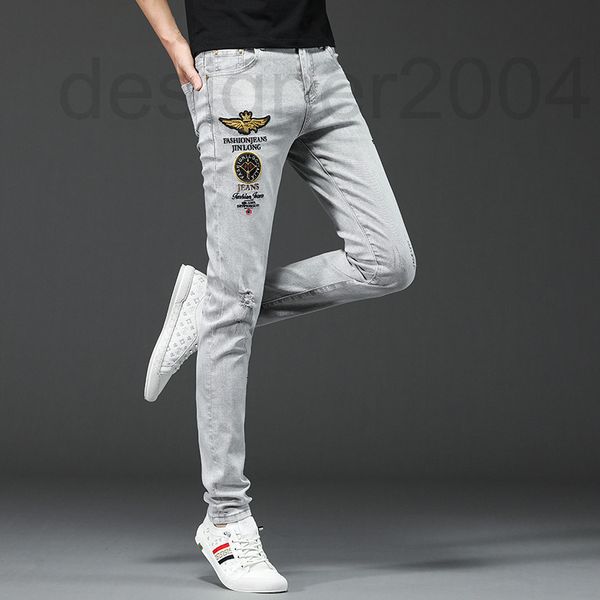 

men's jeans designer european fashion brand embroidered jeans men's summer thin korean elastic slim fit small feet light gray perf, Blue