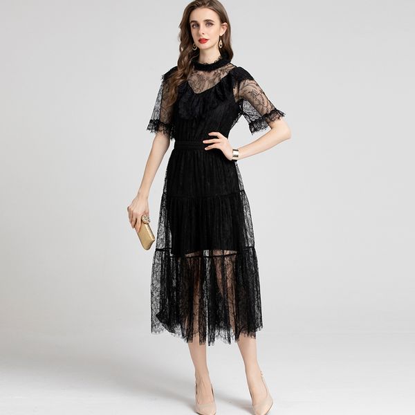 

women's runway dresses o neck short sleeves embroidery lace ruffles fashion mid dress vestidos, Black