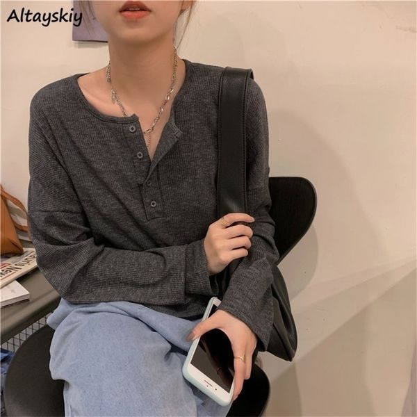 

long sleeve tshirts women elegant simple pure button design retro ins autumn ladies tees allmatch bf style mujer clothes 220810, White