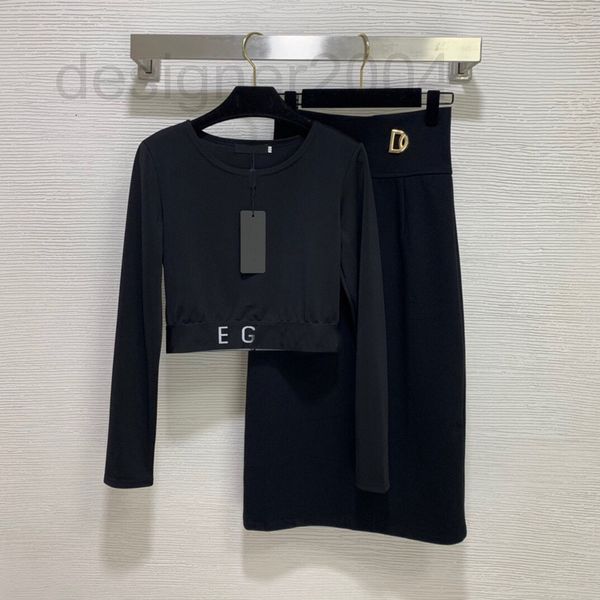 

casual dresses designer 21 new suit letter webbing stitching waist closing thin round neck long sleeve t-shirt roman cotton hip wrap skirt l, Black;gray