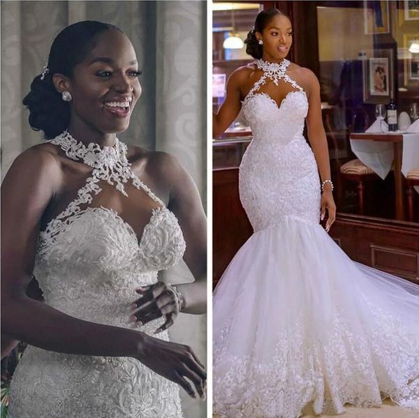 

arabic aso ebi vintage lace beaded mermaid wedding dresses sheer neck halter sleeveless bridal dresses gowns with buttons back bc5222, White