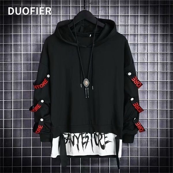 

mens hoodies sweatshirt autumn casual black techwear hip hop harajuku hoodie men ribbons patchwork japanese streetwear darkwear 220811