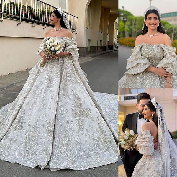 

exquisite beads wedding dresses ball gown luxurious off the shoulder sequins lace arabic crystal bridal dress custom made, White