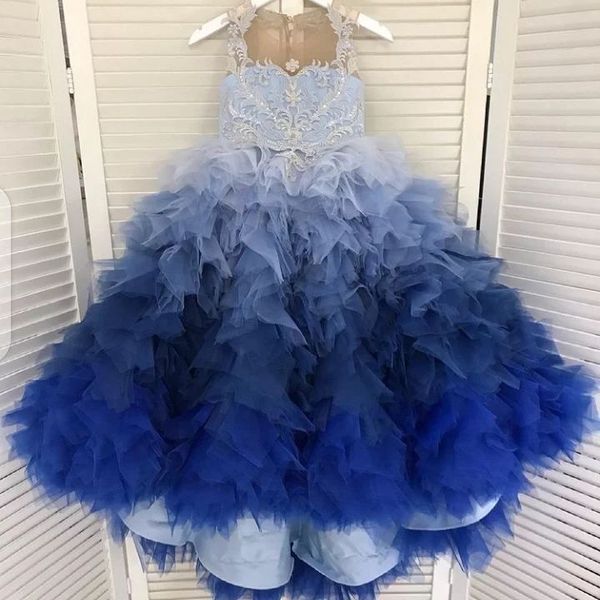 

2022 luxurious lace beaded gown flower girl dresses ball gown tulle tiers tutu lilttle kids birthday pageant weddding gowns zj51, White;blue
