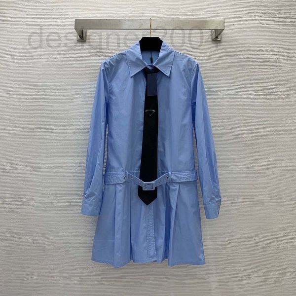 

casual dresses designer european new simple fashion tie triangle label decoration crimp skirt loose long sleeve shirt dress c7o1, Black;gray