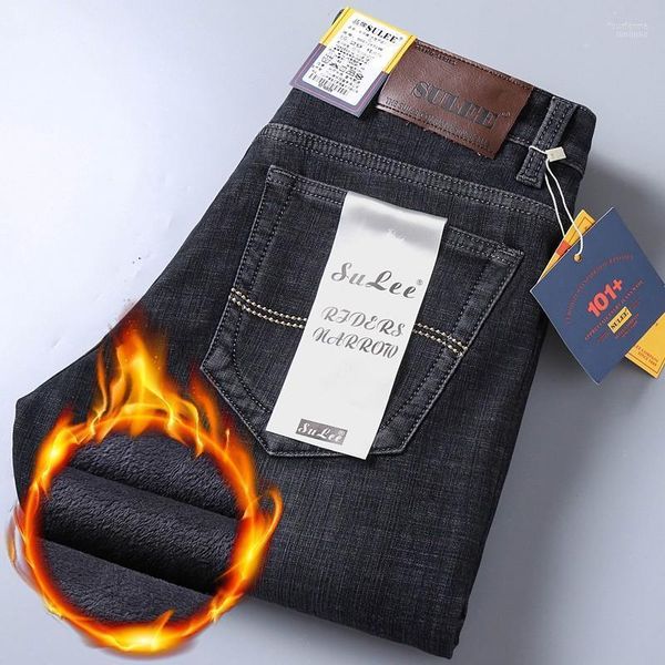 

brand men warm thick jeans 2022 winter style business fashion slim fit stretch black jean trousers pants1, Blue
