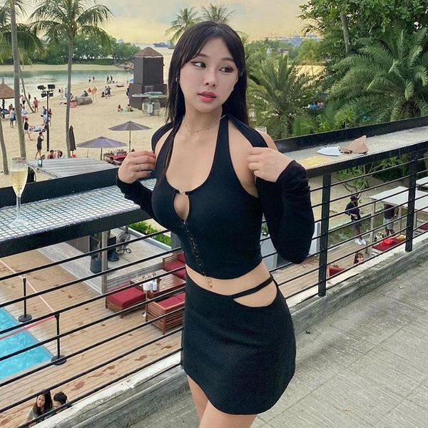 

two piece dress off shoulder long sleeve crop high waist cutout mini skirt summer 2 piece women's black gothic short suitwomen', White