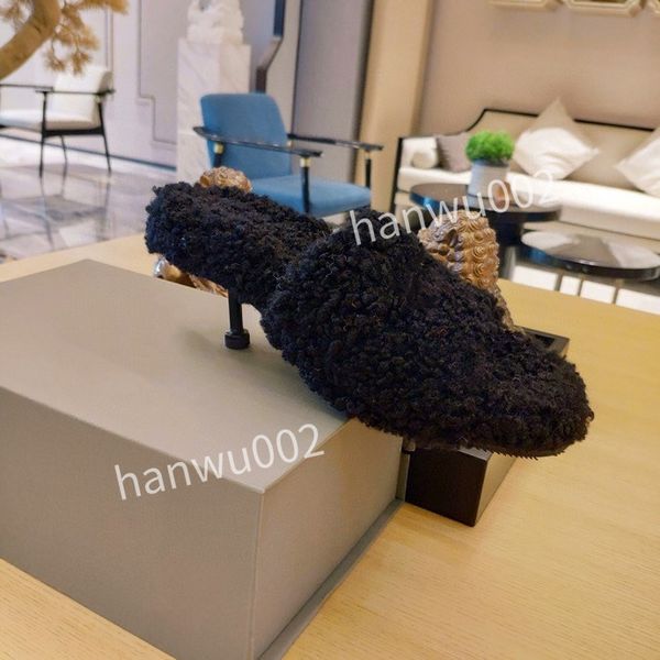 

2022 dress shoes genuine leather high heel classic womens sandals chunky heel mules square toe lady sliders fashion sandal slide size35-40, Black