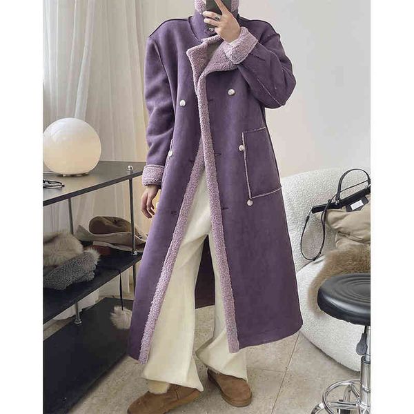 

double face wear cashmere wool faux fur coat winter jacket women purple motorcycle jackets female vintage suede lambswool coats t220810, Black