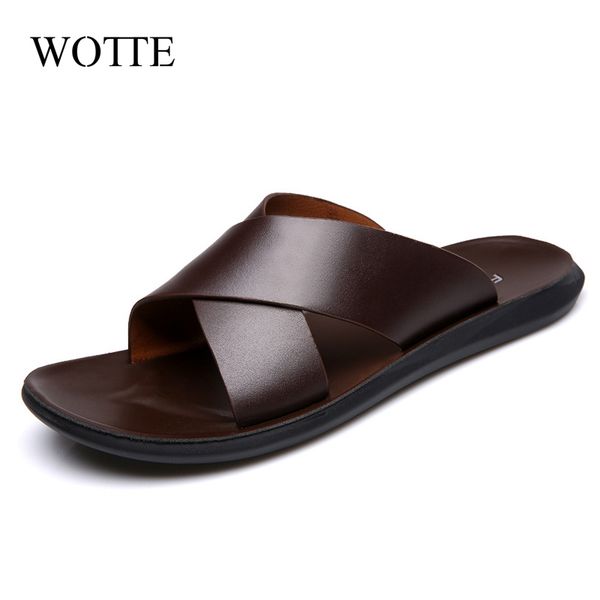 

wotte new fashion summer men shoes vintage italian flats casual non-slip beach sandals leather flip flop slippers flat sandals, Black