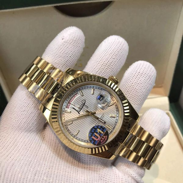 

watch men's classic champagne gold magnifying glass calendar day date deluxe automatic mechanical sapphire glass original box and paper, Slivery;golden