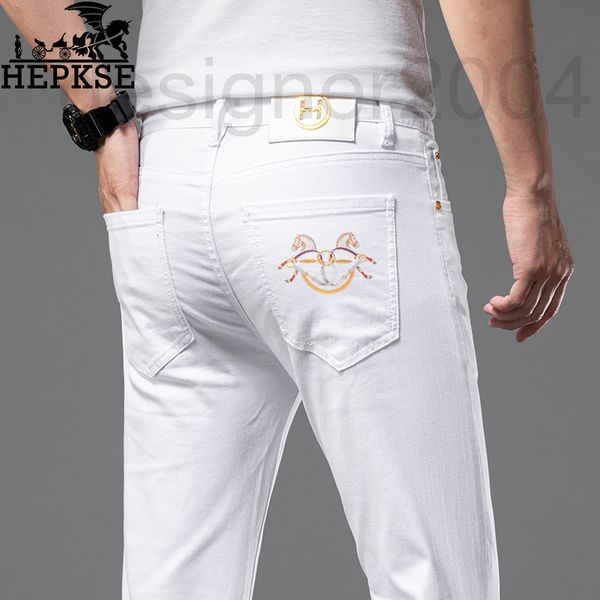 

men's jeans designer european goods high-end quality men's embroidery printing white jeans fashion simple and versatile slim elast, Blue