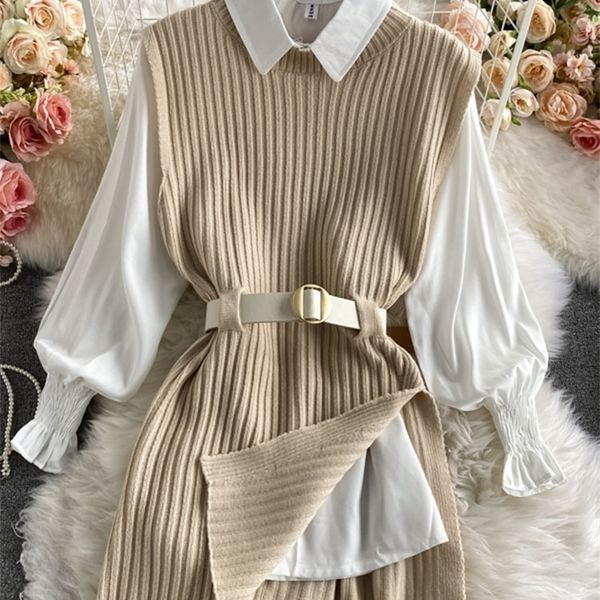 

spring autumn womens lantern sleeve shirt knitted piece of college style waistband vest two sets uk900 220811, Black;gray