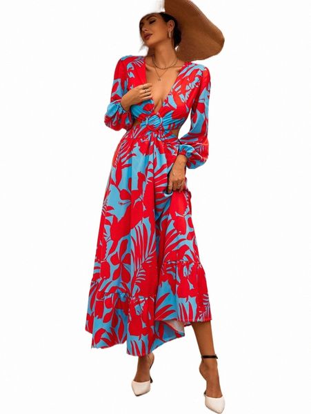 

plants print bishop sleeve cut out tie back dress z16q#, Black;gray