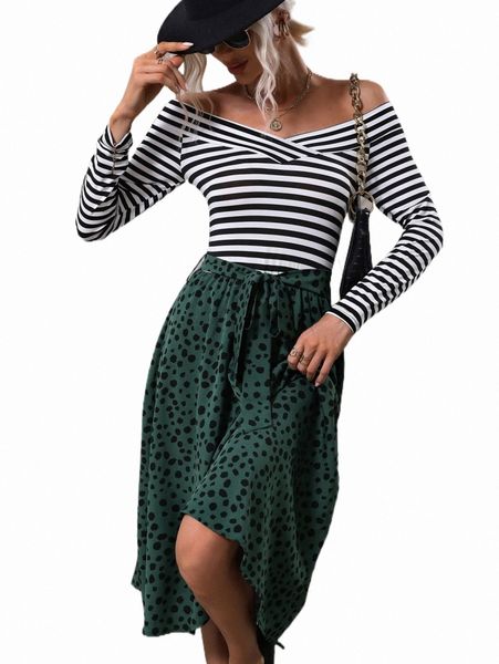 

striped print off shoulder belted dress 20gj#, Black;gray