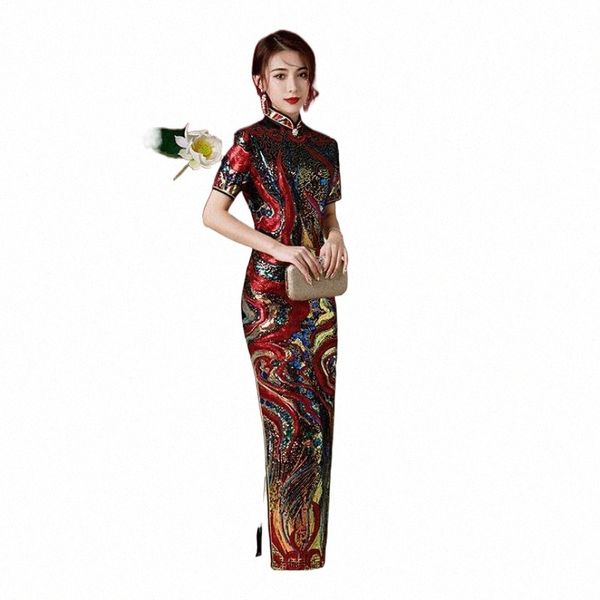 

ethnic clothing velour women qipao high split cheongsam plus size 3xl-6xl chinese party prom dress gown sequins mandarin collar vestido t8py, Red