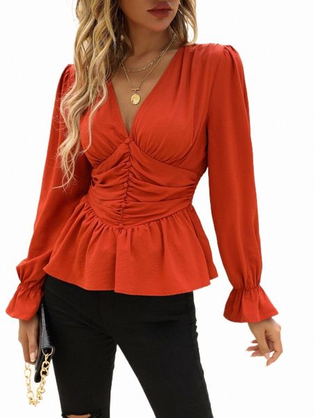

flounce sleeve ruched peplum blouse i26i#, White